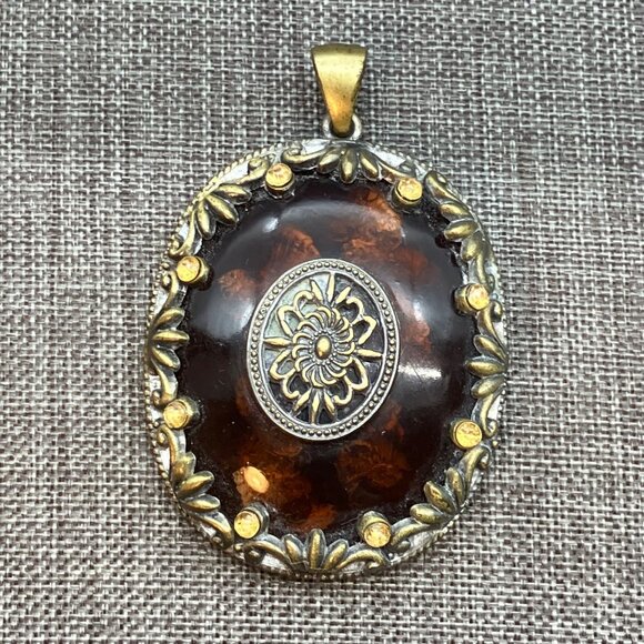 Vintage Bohemian Statement Pendant Amber Indian Tribal Brass Resin Rhinestone - Picture 2 of 7